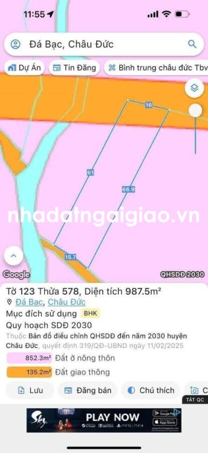 Đất mặt tiền 15m đường bê tông tại đá bạc châu đức bán